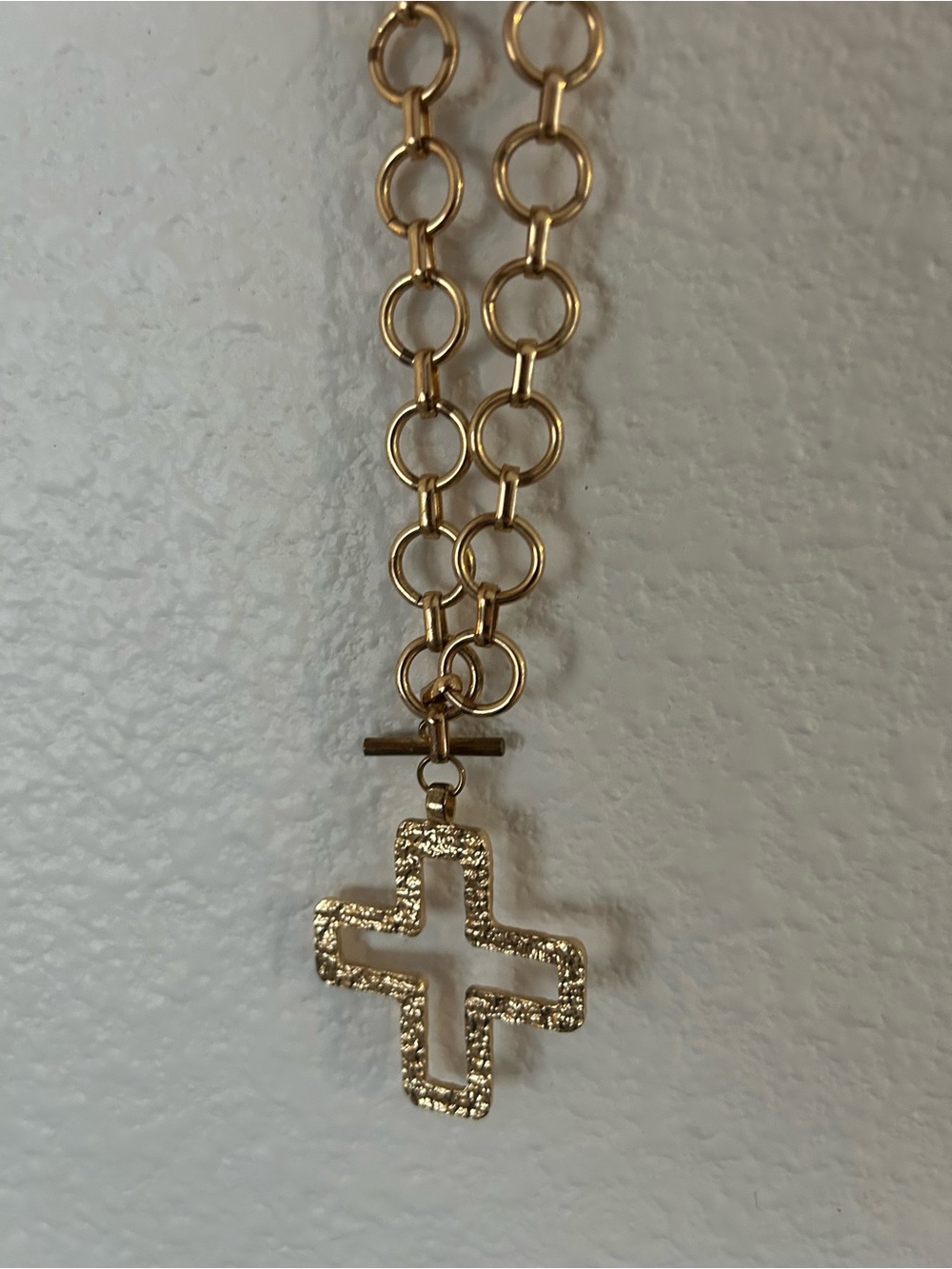 Gold Textured Cross Pendant Necklace on Link Chain - Gold